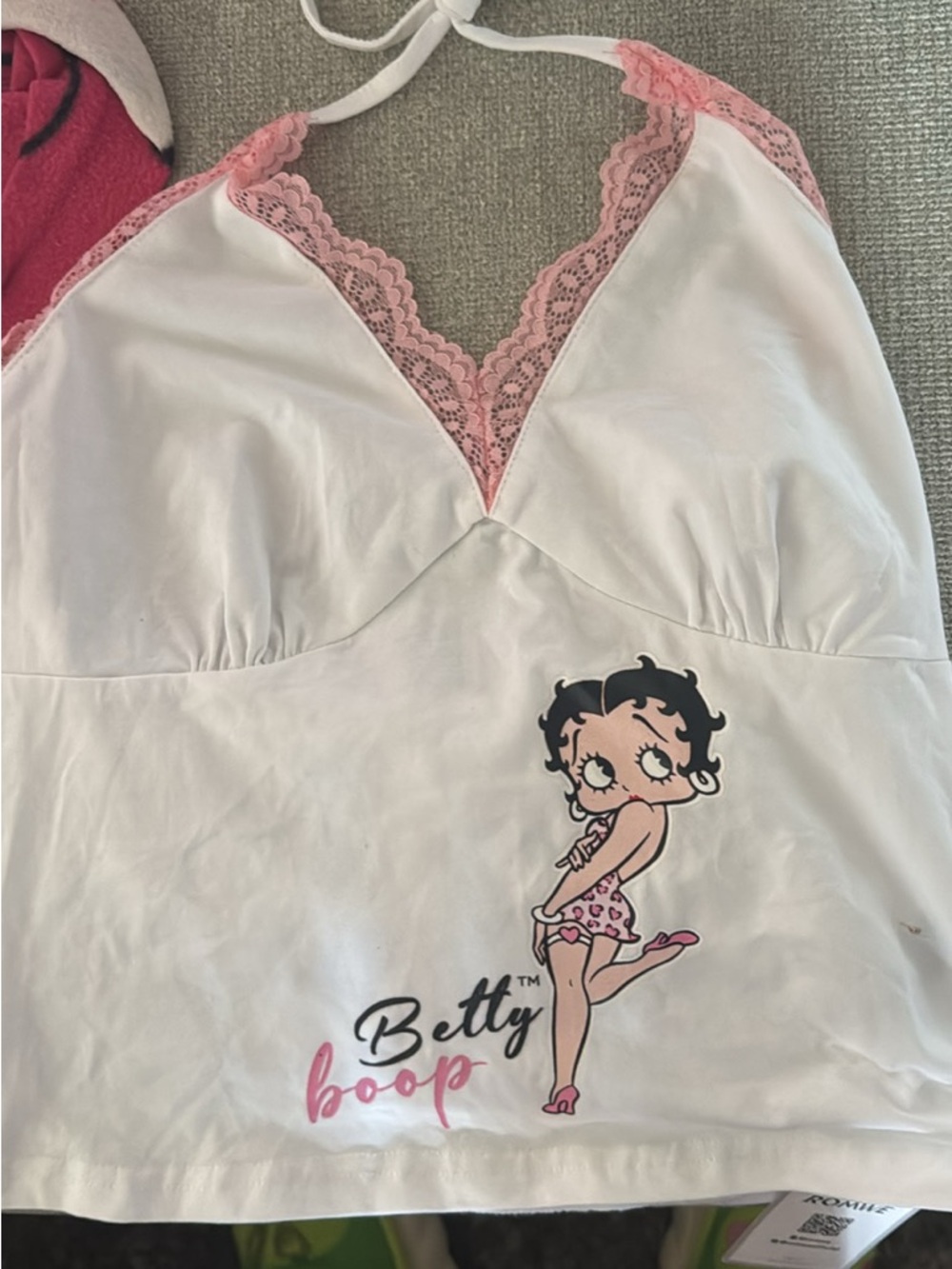 ROMWE White Halter Cami with Pink Lace and Betty Boop Graphic